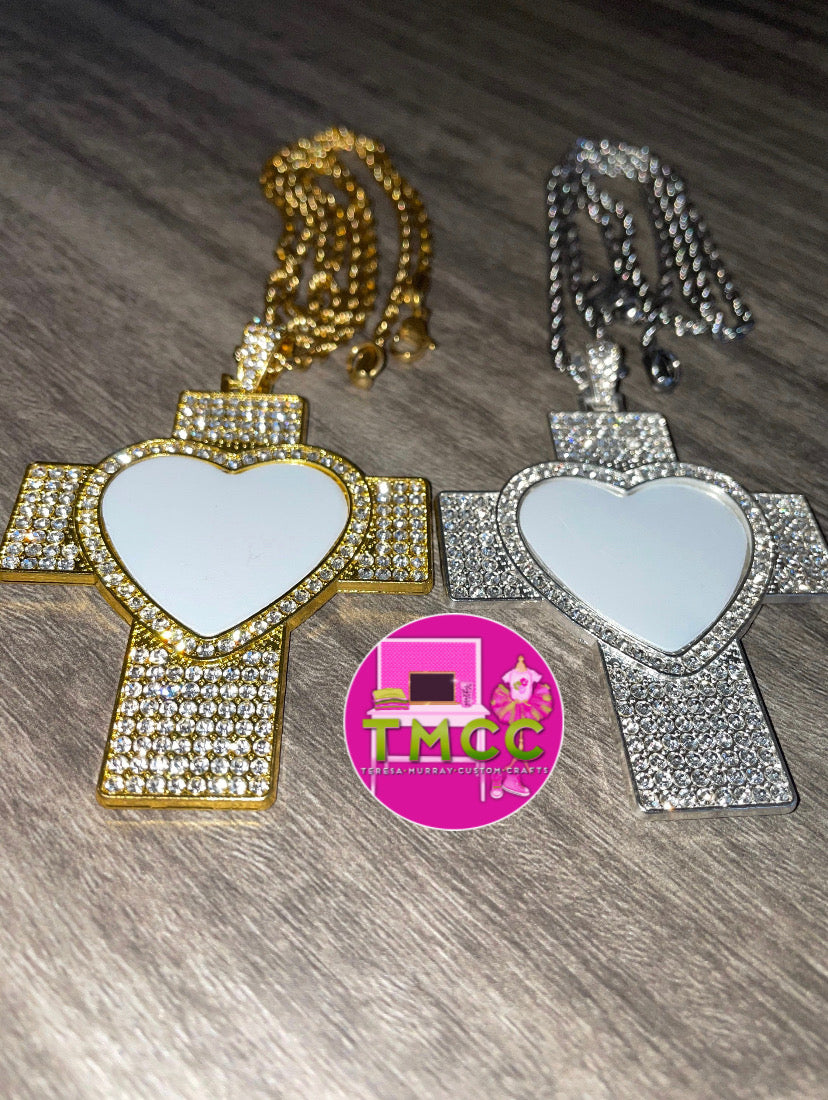 Sublimation Bling Cross Heart Necklace